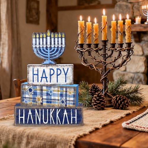DIYDEC 4Pcs Hanukkah Table Decoration Happy Hanukkah Wooden Block Wooden Menorah Decoration Chanukah Table Centerpiece Sign Jewish New Year Decor for Holiday Gifts Tabletop Fireplace Shelf Desk Party - style: Hanukkah