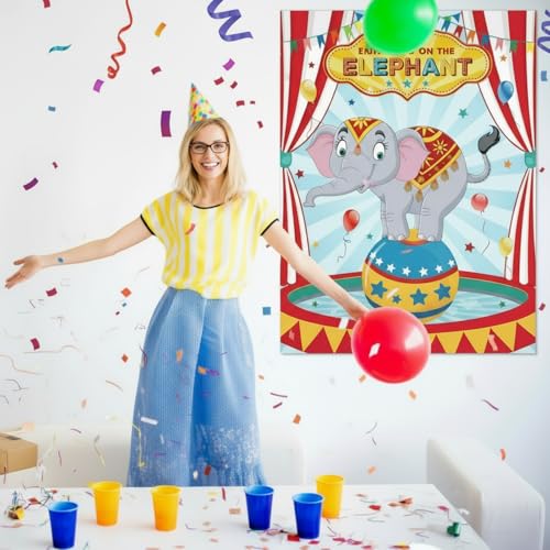 Faccito Carnival Circus Party Games Pin The Stickers on The Large Poster with 24 Pcs Stickers Blindfold Carnival Pin Game Set for Circus Birthday Party Decorations Activities Supplies(Elephant) - style: Elephant