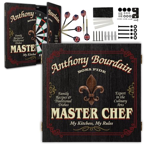 Personalized Dart Board Cabinet Set with 6 Steel Tip Darts, Paper Fibre Dartboard, Chalk & Eraser (21.5 x 21.5 x 2.75") - Occupational Man Cave Dart Boards for Adults - Master Chef (425) - style: Master Chef Dartboard & Cabinet Set