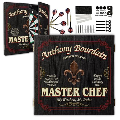 Personalized Dart Board Cabinet Set with 6 Steel Tip Darts, Paper Fibre Dartboard, Chalk & Eraser (21.5 x 21.5 x 2.75") - Occupational Man Cave Dart Boards for Adults - Master Chef (425) - style: Master Chef Dartboard & Cabinet Set