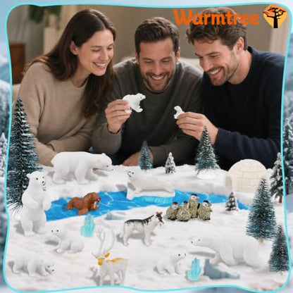 Warmtree 46-Piece Arctic Animals Figurine Set Includes 22 Polar Bear and Penguin Figurines, 6 Mini Pine Trees, 18 Icebergs Snow, Ripple Water Stickers, and Ocean Habitat Diorama Supplies