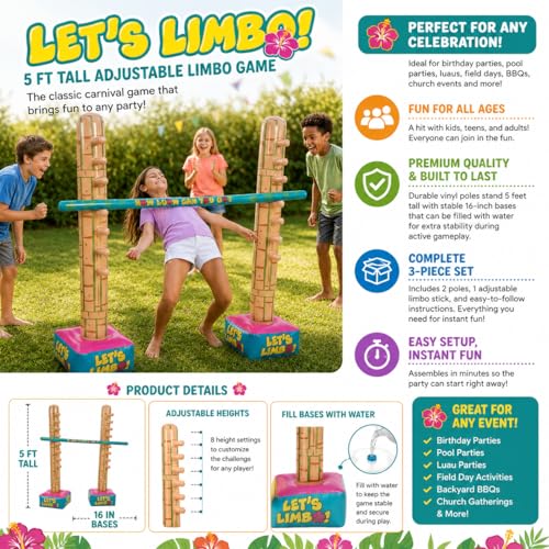 Fun Express Limbo Game for Kids and Adults, 5 Feet Tall Adjustable | 3-Piece Vinyl Kit, Carnival Games Set, Birthday Party Games, Outdoor Games for Pool Party, Luau Games & Field Day Activities