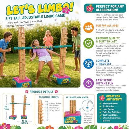 Fun Express Limbo Game for Kids and Adults, 5 Feet Tall Adjustable | 3-Piece Vinyl Kit, Carnival Games Set, Birthday Party Games, Outdoor Games for Pool Party, Luau Games & Field Day Activities