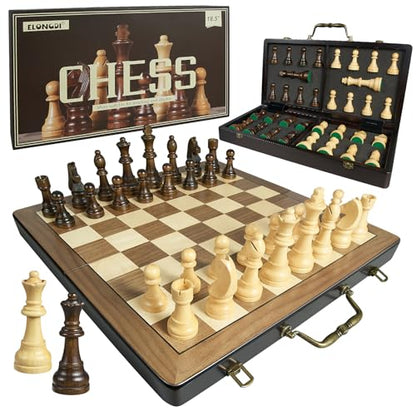 18.5" Wooden Chess Set with Handle,Chess Sets for Adults Kids Portable Folding Board Games with 4.5" King 2 Extra Queens,Handmade Weighted Large Pieces with Storage Slots