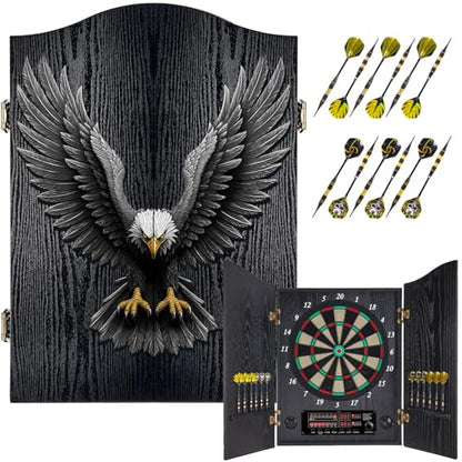 Electronic Dart Board, Decorative Dart Board Cabinet Set for Adults [12*Bronze Soft Tip Darts] [Cricket Game Mode]- Wooden Electric Dartboard Cabinet - style: EAGLE