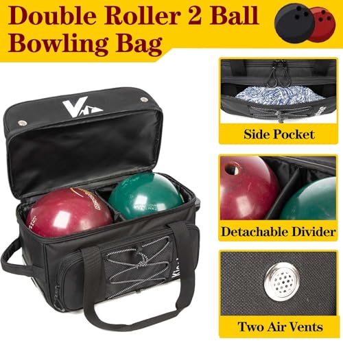 Double Roller 2 Ball Bowling Bag with Large Separate Shoe Compartment and Oversized Accessory Pocket, 36" Extendable Handle. - color: BLK