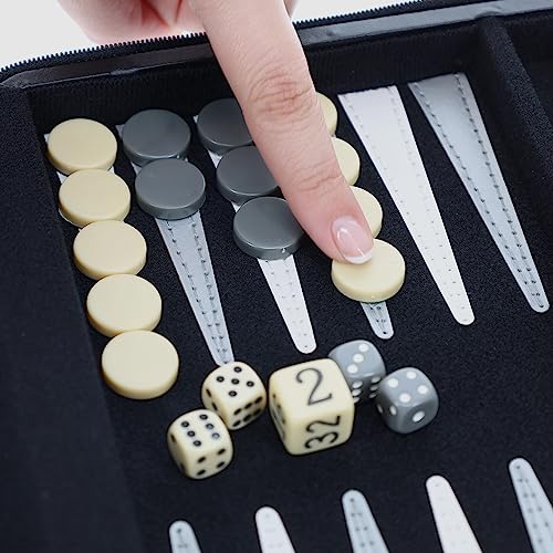 WE Games Backgammon Set, Board Games for Adults - Travel Games - Black with Gray Stripe Magnetic Leatherette Backgammon Board and Carrying Strap - Travel Backgammon Sets for Adults - color: Black With Gray Stripe