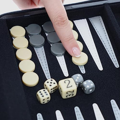 WE Games Backgammon Set, Board Games for Adults - Travel Games - Black with Gray Stripe Magnetic Leatherette Backgammon Board and Carrying Strap - Travel Backgammon Sets for Adults - color: Black With Gray Stripe
