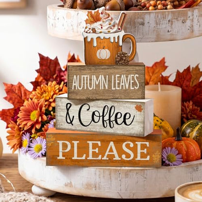 Lineshading 4 Pcs Fall Coffee Table Decor Fall Decoration for Home Wooden Stacked Block with Pumpkin Latte Topper Rustic Thanksgiving Tiered Tray Decor for Harvest Party Home Kitchen Coffee Bar - style: Autumn Leaves 2