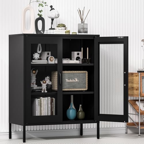Ustamio Black Metal Storage Cabinet with Mesh Doors, Small Office Storage Locker with 2 Adjustable Shelves, Accent Metal Locker Cabinet for Home, Office, Living Room, Hallway - color: Black, size: 40"H-Mesh Doors