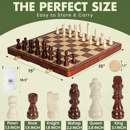 15'' 2 in 1 Wooden Magnetic chess and checkers set (2 Extra Queens, Foldable Chess set & Cotton Storage Bag) Magnetic Chess Sets for Adults with Color Gift Box, Handmade Checkers Board Game