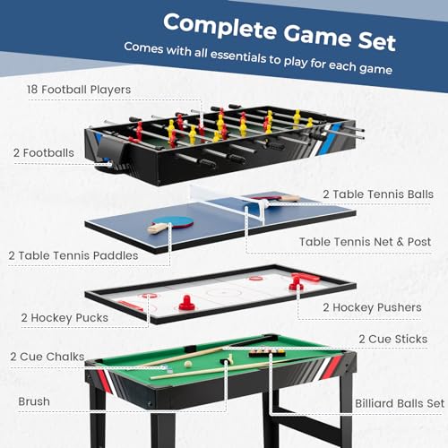 GYMAX 4 in 1 Multi Game Table, 49" Combo Game Table with Foosball Table, Pool Billiards, Air Hockey & Table Tennis for Teens Adults Family Game Room