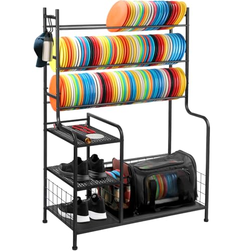 Disc Golf Storage Rack, Large Capacity Metal Organizer with Hooks for Sports Equipment, Holds 140+ Discs