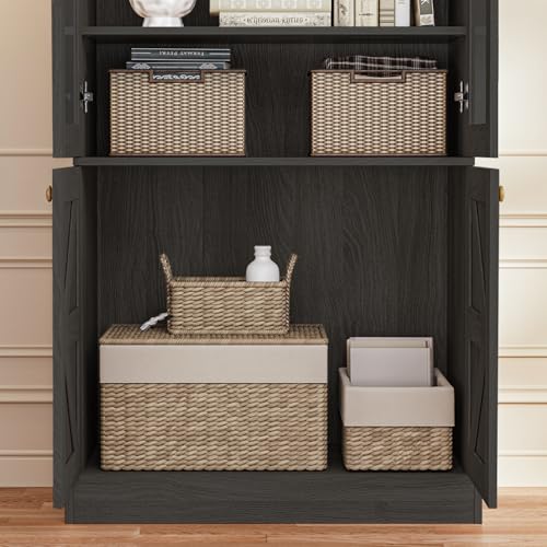 Vyre 71" Tall Farmhouse Bookshelves with Glass Doors and Drawers, Set of 2 – Large Modular Bookcase with Adjustable Shelves, Storage Cabinet for Living Room, Kitchen, Black - color: Black
