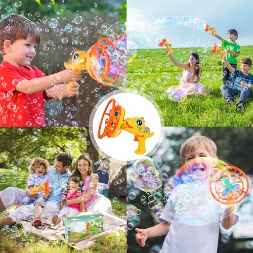 IFLOVE Dinosaur Bubble Gun for Kids 3-8, Bubble Machine Blower Toy (Yellow) | Bubble-in-bubble effect， Easy-Grip Dinosaur Bubble Gun Fills Summer Playtime and Party Favors With Colorful Bubbles - color: Yellow