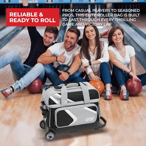 BSI Dash Roller Bowling Bag with Smooth Rolling Wheels, Padded Ball Compartment, Retractable Locking Handle, & Shoe Pocket - color: Black/Gray/White, style: Double