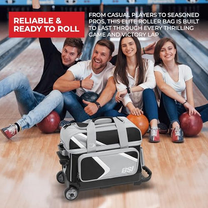 BSI Dash Roller Bowling Bag with Smooth Rolling Wheels, Padded Ball Compartment, Retractable Locking Handle, & Shoe Pocket - color: Black/Gray/White, style: Double