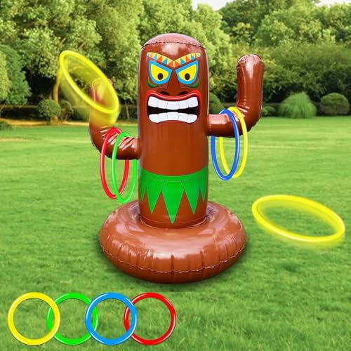 27" Inflatable Luau Tiki Pool Toss Games, Tiki Pool Ring Toss Toys with 4 Rings for Adults Indoor Outdoor Tropical Summer Swimming Inflatable Bean Bags Toss Hawaiian Luau Party Supplies - color: Inflatable Tiki Pool Ring Toss