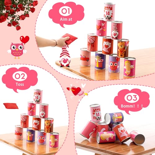 Libima 13 Pcs Valentines Day Game Carnival Party Bean Bag Toss Sturdy Knockdown Outdoor Can Party Game with 10 Tin Cans and 3 Bean Bags for Outdoor and Indoor(Pink)