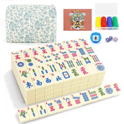 Jolitac American Mahjong Game Set, 166 Premium Tiles, 1.2-inch Mahjong Tile Set with Sturdy Carrying Bag, Thickened Mah-Jongg Tiles Bag Portable Travel Complete Mahjong Set - color: Blue & White