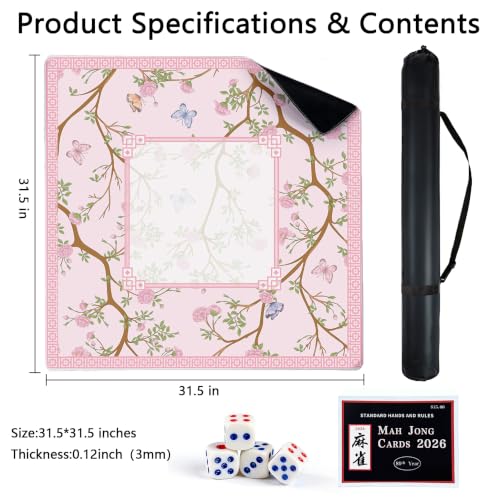 Mahjong Mat for Table, 31.5''x31.5'' Non-Slip & Noise Reduction Mahjong Mat with Rules,Mah Jongg Gift with Carrying Bag for Poker,Board Games,Dominoes,Cards & Tile Games (Light Pink) - color: Light Pink