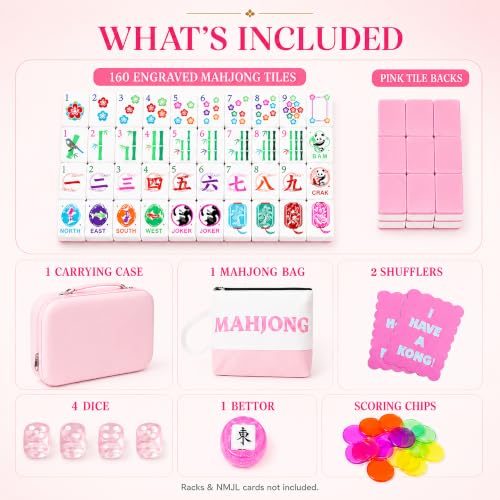 KOLIN American Mahjong Tile Set, 160 Engraved Melamine Mah Jongg Tiles, Pink Back 1.2 Inch Numbered Tiles with Carrying Case, Shuffler, Bag, Dice, Bettor & Chips, No Racks Included