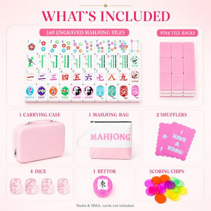 KOLIN American Mahjong Tile Set, 160 Engraved Melamine Mah Jongg Tiles, Pink Back 1.2 Inch Numbered Tiles with Carrying Case, Shuffler, Bag, Dice, Bettor & Chips, No Racks Included