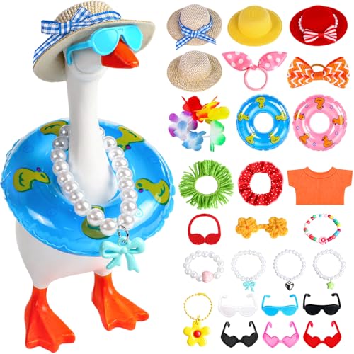 Desk Goose Key Holder 7 Inch Mini Figurine with 6 Set Summer Hawaiian Outfits,Summer Holiday Desktop Magnetic Small Proch Goose Resin Statue Set for Home Office Bedroom Office Table Decor - style: 6 Sets-Summer Desk Goose Outfits