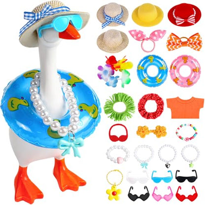 Desk Goose Key Holder 7 Inch Mini Figurine with 6 Set Summer Hawaiian Outfits,Summer Holiday Desktop Magnetic Small Proch Goose Resin Statue Set for Home Office Bedroom Office Table Decor - style: 6 Sets-Summer Desk Goose Outfits