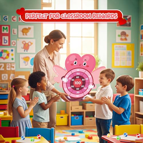 4E's Novelty Valentine Dart Board Game with 12 Sticky Balls - 30" Large Heart Kids Dart Board Indoor/Outdoor, School Valentine's Day Games for Kids Classroom Party Adult