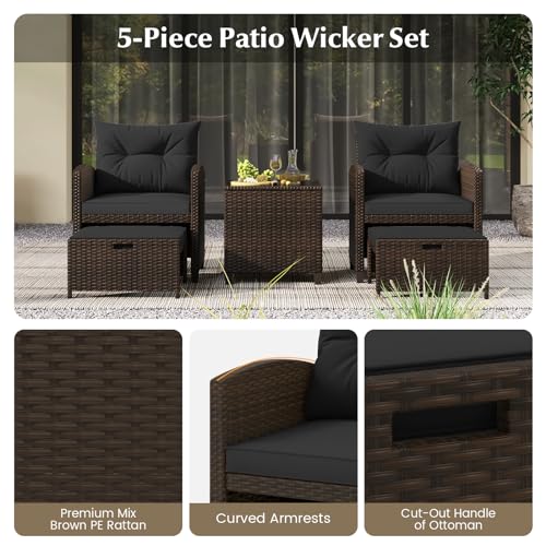 Tangkula 5 Pieces Patio Conversation Set, PE Wicker Rattan Outdoor Furniture Set with 2 Chairs, 2 Ottomans & Tempered Glass Coffee Table, Ideal for Poolside, Backyard, Lawn, Deck, Mix Brown & Black - color: Mix Brown & Black