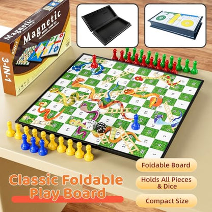 3 in 1 Magnetic Board Games Set for Kids Adults - Classic Travel Game Set with Chinese Checkers, Ludo, Snakes and Ladders, Educational Family Strategy Game with Folding 12.4 Inches Board & Piece