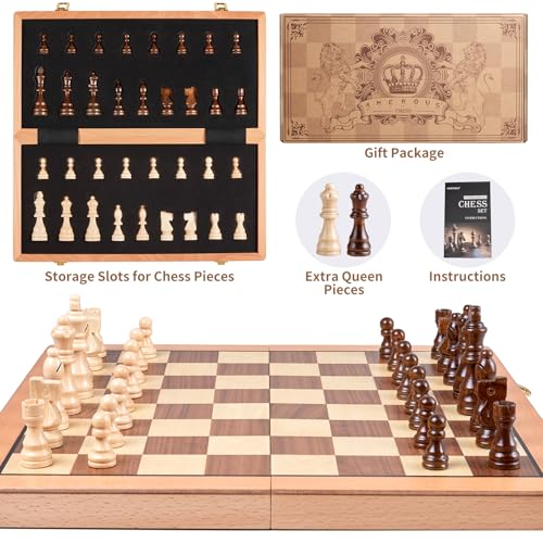AMEROUS Magnetic Wooden Chess Set, 15 Inches Handmade Wooden Folding Travel Chess Board Game Sets with Chessmen Storage Slots for Kids and Adults, 2 Bonus Extra Queens, Gift Box Packed