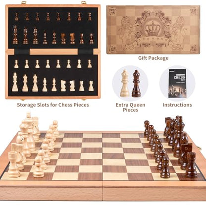 AMEROUS Magnetic Wooden Chess Set, 15 Inches Handmade Wooden Folding Travel Chess Board Game Sets with Chessmen Storage Slots for Kids and Adults, 2 Bonus Extra Queens, Gift Box Packed