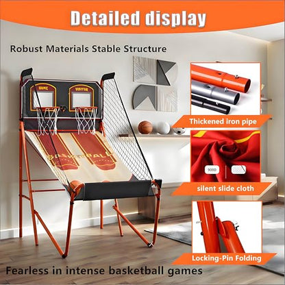 Double Hoop Arcade Game Machine, Electronic Basketball Machine, Basketball Shooting Machine, Foldable Indoor Model, LED Scoring, Steel Frame Material, Includes Air Pump, 8 Modes