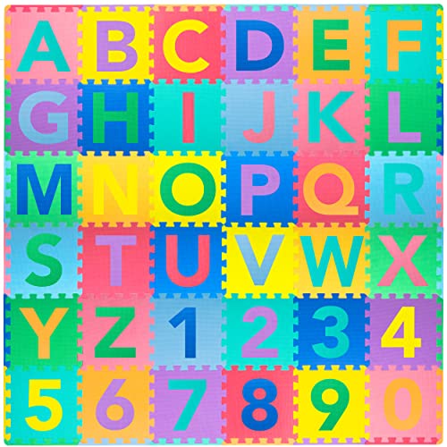 ProSource Kids Puzzle Alphabet, Numbers, 36 Tiles and Edges Play Mat, 12" by 12", Abc & 123 - style: ABC & 123