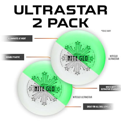 Discraft Ultrastar Ultimate Discs 1 & 2 Packs, Standard Size, for Competitive & Casual Play - color: Nite Glo
