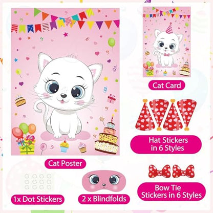 PLULON Cat Party Game for Kids Pin The Hat Bow Tie on The Cat Birthday Game Poster for Boy Girl Birthday Summer Party Favors Wall Decorations Classroom Activities - style: Cat