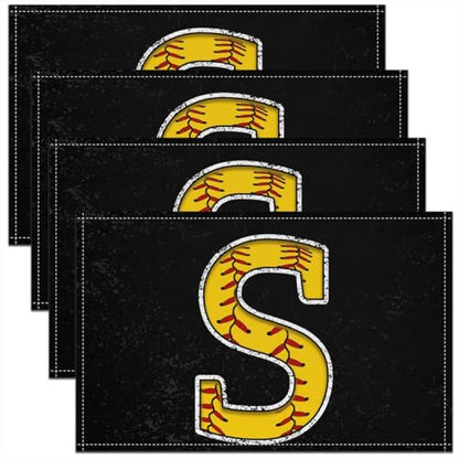Erosebridal Baseball Placemats 12x18 inch Set of 4 Initial Letter S Place Mats | Red Lace Seam Monogrammed Table Place Mats Sports Game Yellow Black Oil Proof Washable Placemats - color: Yellow S