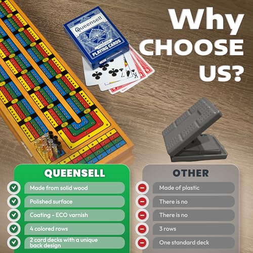 Cribbage Board Game Set with Storage – Wooden 4 Track Cribbage Board for 2–4 Players with Metal Pegs & Playing Cards – Classic Travel & Home Board Game