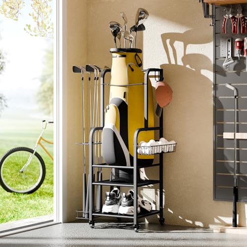 niffgaff Golf Bag Organizer Golfing Storage Stand for Garage Golf Bags Golfing Rack with Wheels Black