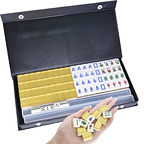 drizzle Gold Travel Mini Mahjong Set 20mm with Instructions - Portable 146 Tiles - for Beginners with 4PCS Racks 2 Pounds - Chinese Mah-Jong Game 麻将 - size: Gold