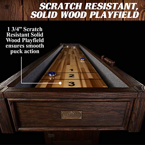 Barrington 12ft Webster Shuffleboard Table, Solid Wood, Storage Cabinets | 12ft rustic shuffleboard table with 1.75" solid wood poly-coated playfield, storage cabinets, 8 pucks & speed powder