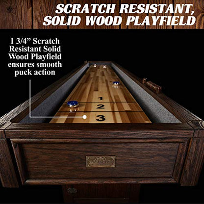 Barrington 12ft Webster Shuffleboard Table, Solid Wood, Storage Cabinets | 12ft rustic shuffleboard table with 1.75" solid wood poly-coated playfield, storage cabinets, 8 pucks & speed powder