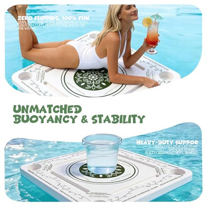 Floating Mahjong Table for Pool with 4 Cup Holders, 31.5" Pool Mahjong Set, Double-Sided Game Table for Hot Tub, Beach Party, Includes 4 Shuffle Cards - color: Green Printed F