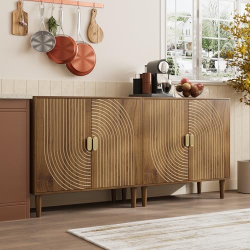 Smuxee Walnut Sideboard Cabinet, Freestanding Buffet Cabinet with Line Groove Design, Wood Storage Cabinet with Adjustable Shelf for Living Room, Entryway, Hallway - color: Walnut
