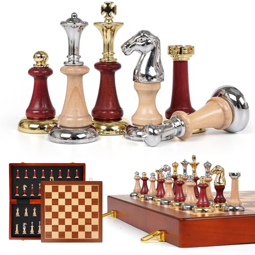 Large Wooden Chess Set with Metal & Wooden Chess Pieces, Luxury 17 Inch Chess Board Game with 2 Extra Queens, Premium Classic Strategy Board Game for Adults, Kids, Beginners & Gift Lovers