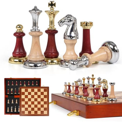 Large Wooden Chess Set with Metal & Wooden Chess Pieces, Luxury 17 Inch Chess Board Game with 2 Extra Queens, Premium Classic Strategy Board Game for Adults, Kids, Beginners & Gift Lovers