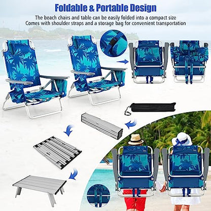 Tangkula Backpack Beach Chair with Table, 5-Position Lay Flat Beach Chairs with Cooler Bag, 2 Cup Holders, Towel Bar, Lightweight Low Folding Beach Chair with Backpack Straps - color: Light Blue, style: 2 Pack with Table