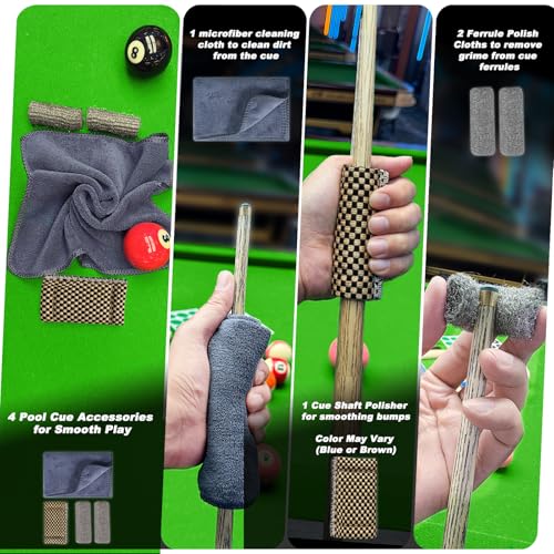 Billiard Pool Table Brushe Kit: 10 Piece Set with 2 Pool Table Brushes,2 Ferrule Polish Cloths,2 Cue Polish and Cleaning Cloths,Lint Roller,Dustpan and Broom,15 Marker Dots,15 Felt Repair Patches